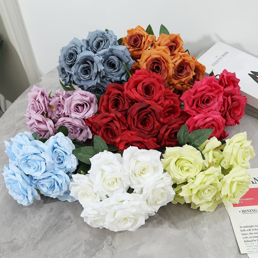 Rosa de Diamante com 9 Flores Grandes, Buquê de Rosas com Folha, Buquê de Casamento, Buquê de Noiva
