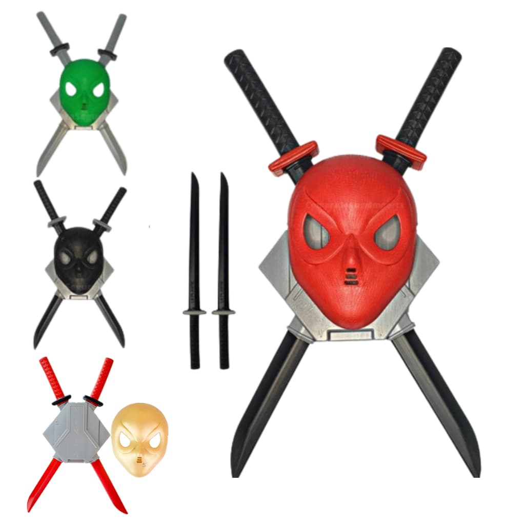 Kit Ninja Brinquedo Fantasia 2 Espadas Deadpoll com Suporte Costas + Máscara Plástica