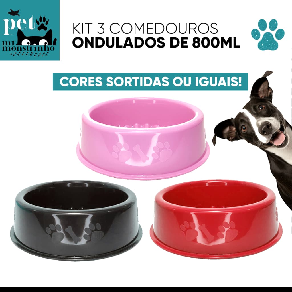 Kit 3un Comedouro Bebedouro Ondulado Pet 800ml - Porte Pequeno e Médio para Cães e Gatos