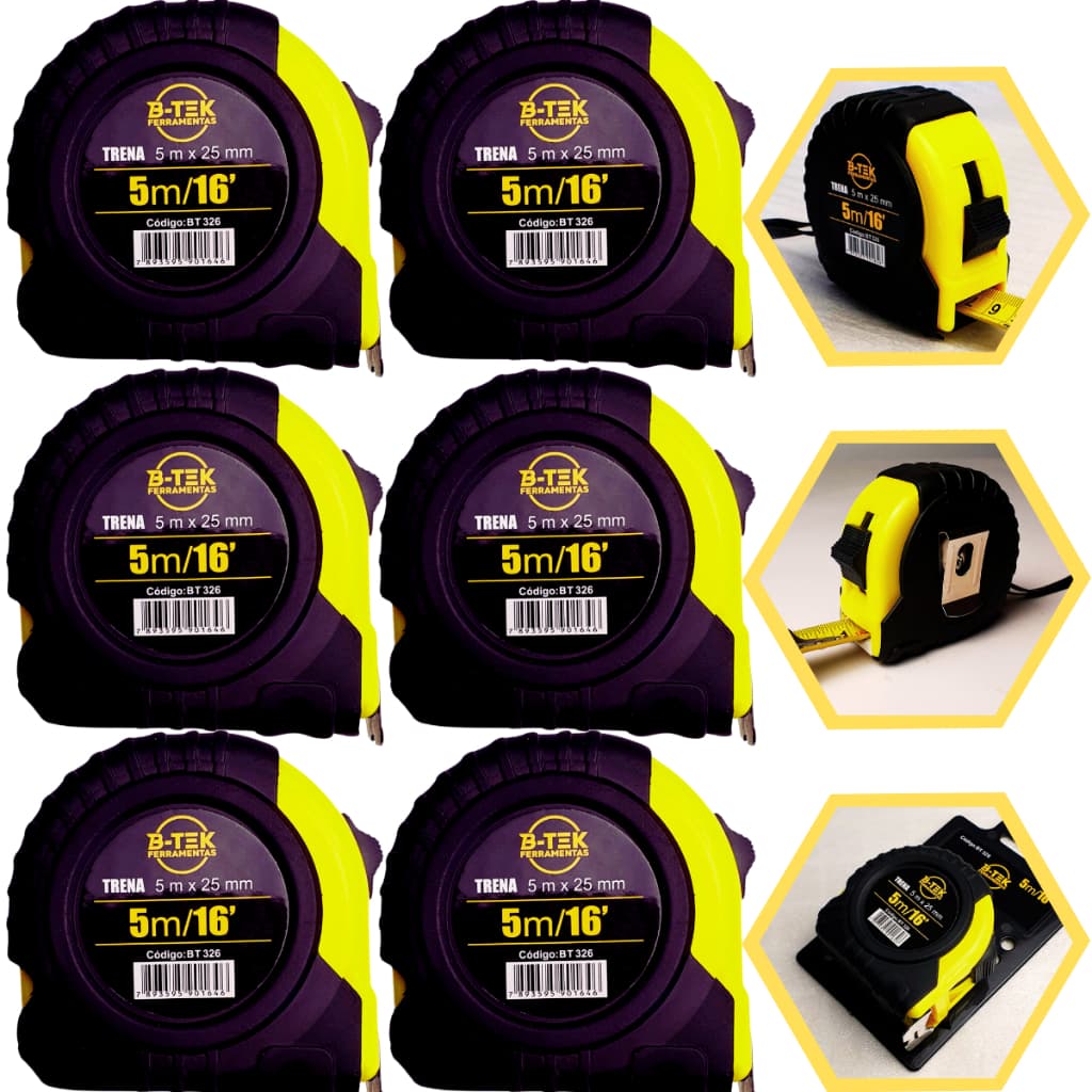 Kit Jogo 6 Trenas Emborrachada Profissional 5m X 25mm Fita Métrica Aço Trava Retrátil Flexível
