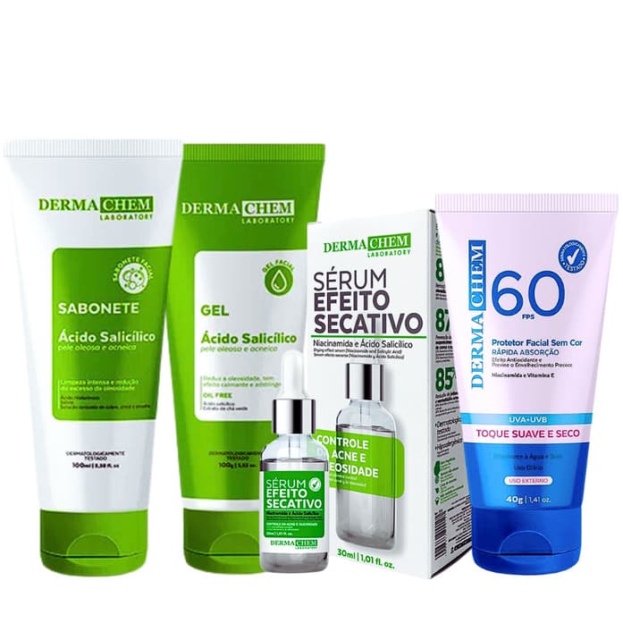 Kit Anti Acne e Oleosidade - Sabonete + Gel + Serum + Protetor FPS60 - Dermachem
