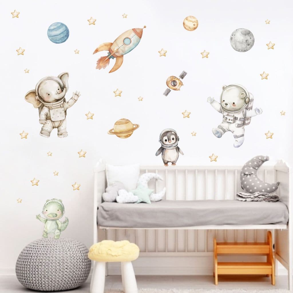 Adesivo de Parede Infantil Safari Animais Astronauta Elefante Urso Pinguim Quarto de bebê decoração