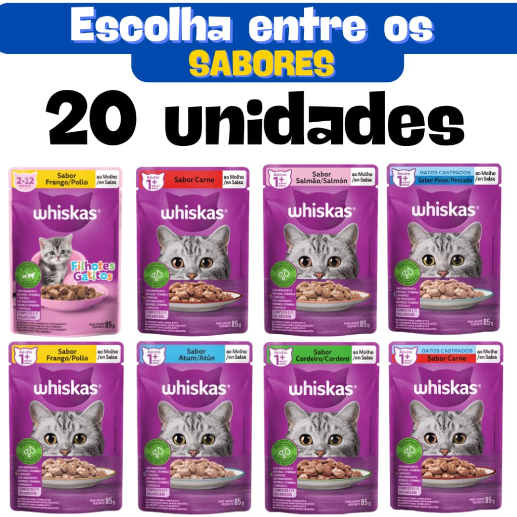 Kit com 20 sachês Whiskas 85g sache para gatos (sabor a sua escolha)
