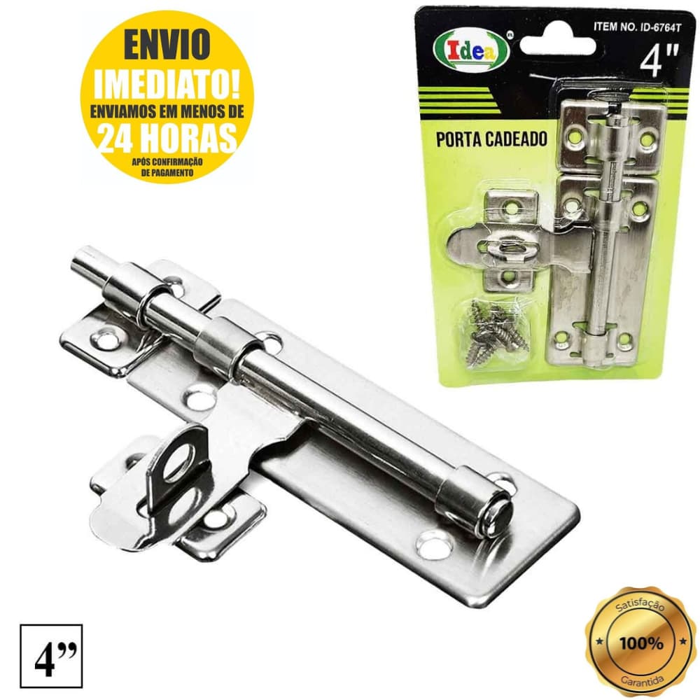 FERROLHO TRINCO COM PORTA CADEADO 4" POLEGADAS P/ PORTAS E JANELAS + 8 PARAFUSOS