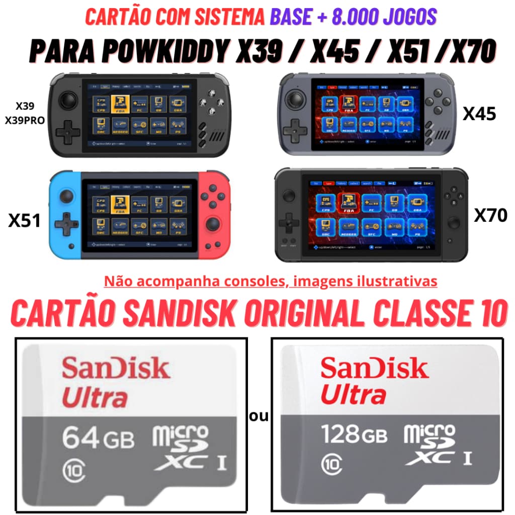 Cartão Sandisk Original para Powkiddy X39 X39pro X45 X51 X70 Com Jogos em Portugues Cartão Sandisk Original Classe 10