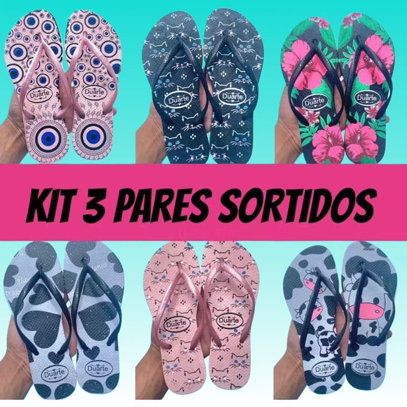 kit 3 pares estampas sortidas chinelo feminino