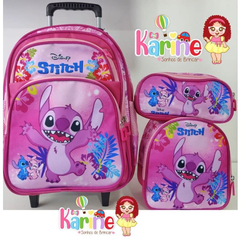 KIT MOCHILA ESCOLAR INFANTIL STITCH COM RODINHAS/ MOCHILA + LANCHEIRA TÉRMICA + ESTOJO/ MOCHILA PARA MENINA/ STITCH/2025