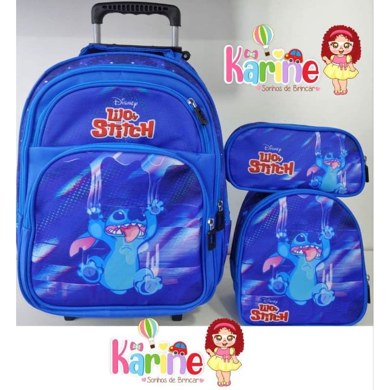 KIT MOCHILA ESCOLAR INFANTIL STITCH COM RODINHAS/ MOCHILA + LANCHEIRA TÉRMICA + ESTOJO/MOCHILA PARA MENINA E MENINO/2025