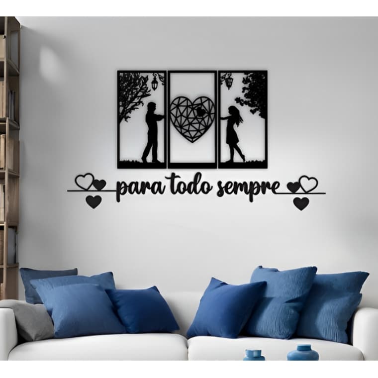 Kit 3 Quadros Decorativo de Casal com Frase 'Para Todo Sempre' em MDF 40x20