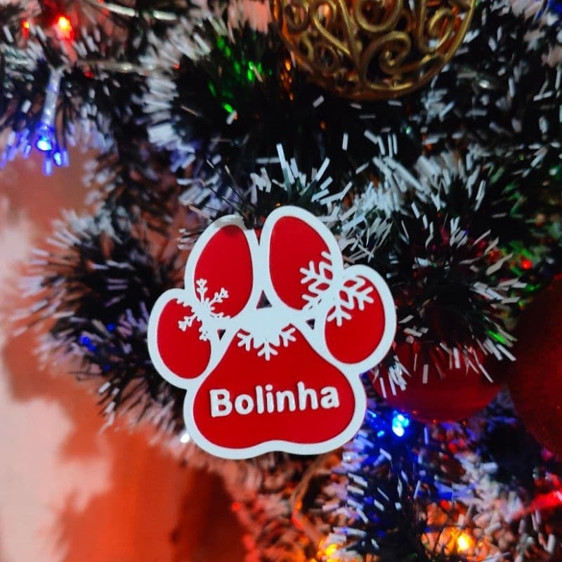 Enfeite para árvore de natal patinha de cachorro personalizado com o nome