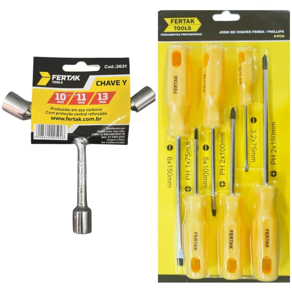 Kit 6 Chaves Fenda Philips + Chave Y 3 Pontas 10 11 13 mm