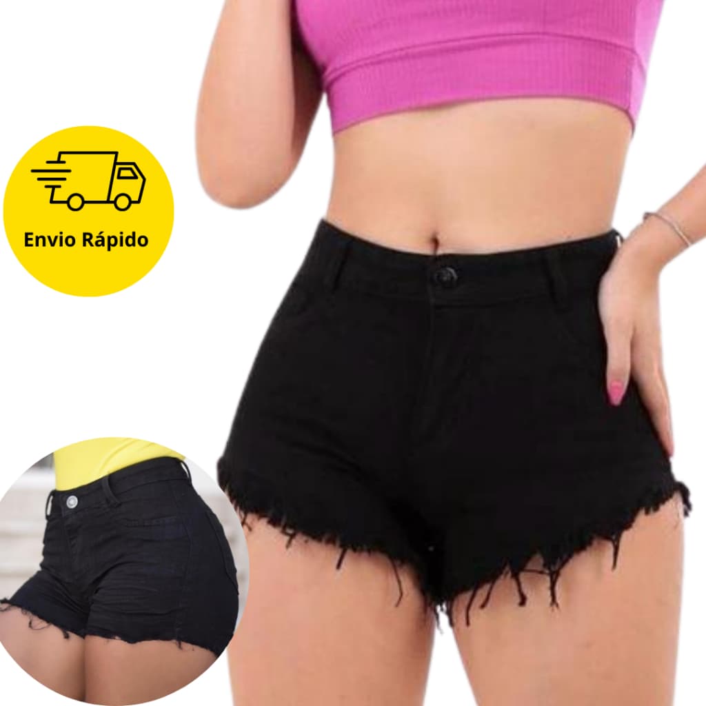 Sorts Jeans Feminino Preto Curto Desfiado Cintura Alta Destroyed Pasts