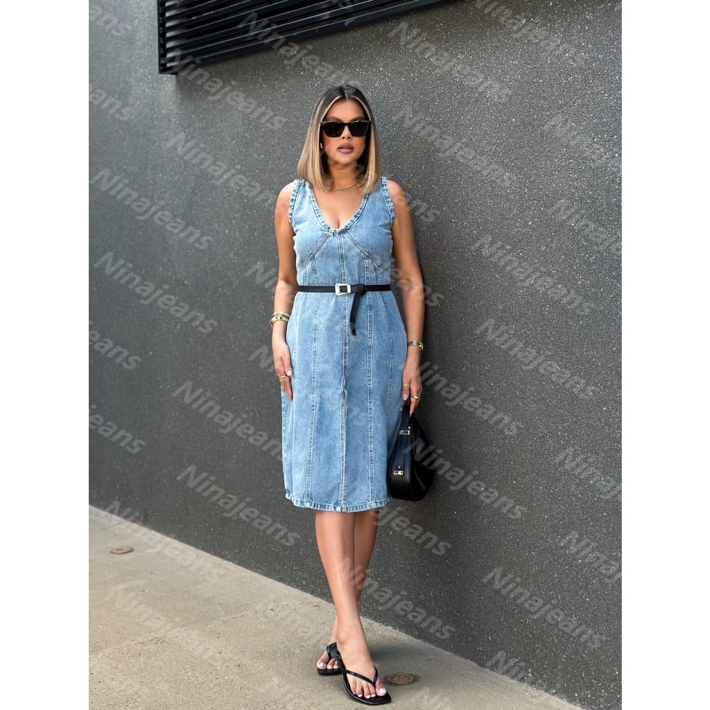 ninajeans 8292 vestido jeans feminino  vestido midi sem lycra com cinto