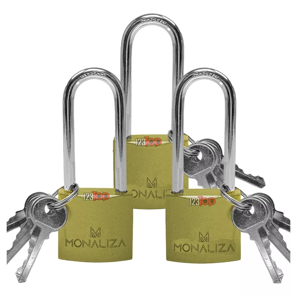 Kit 3x Cadeado Haste Longa Grande 32mm Portão C/ 3 Chaves Para Armário Mala Janela Portão Dourado