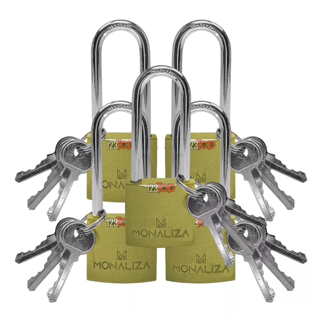 Kit 5x Cadeado Haste Longa Grande 32mm Portão C/ 3 Chaves Para Armário Mala Janela Portão Dourado