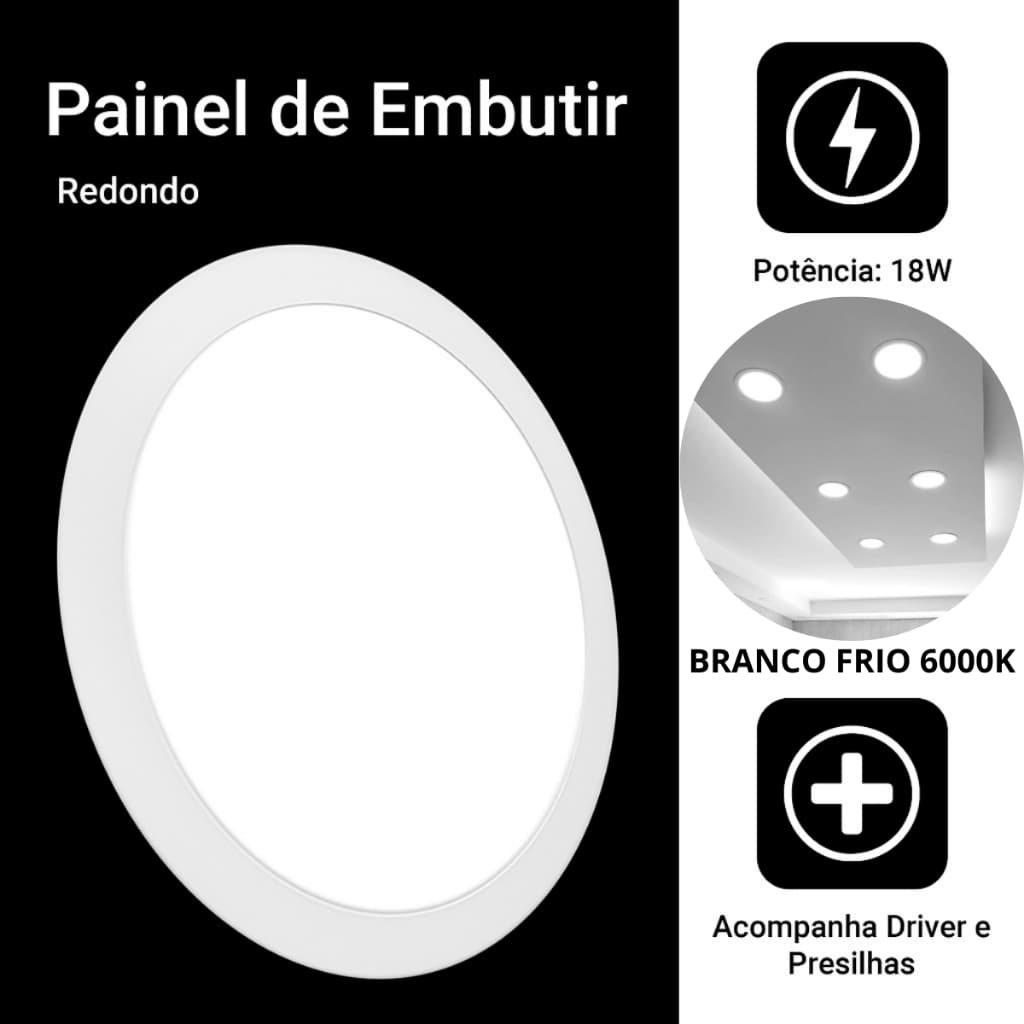 Luminaria Painel Led De Embutir 18w Redondo Branco Plafon Branco Frio Super Slin Teto Quarto Sala