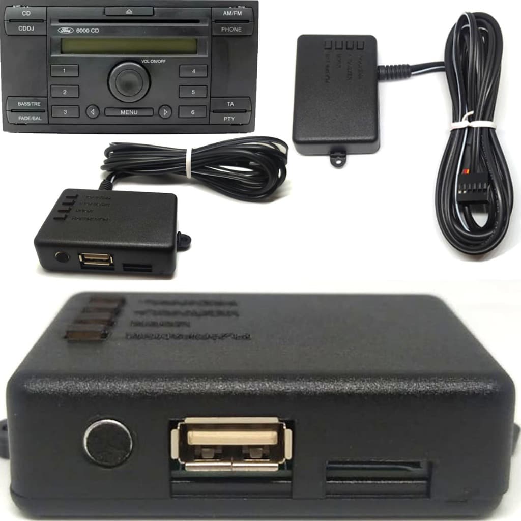 Adaptador Bluetooth USB MP3 p/ Rádio Ford 6000CD c/ Microfone e Entrada MicroSD