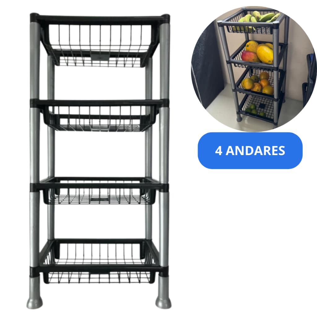 Fruteira De Piso De Plástico Quadrado Preto 4 Andares