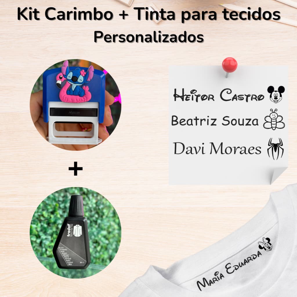 Kit Carimbo + Tinta para tecido personagens | Marcação roupas e uniformes usos diversos e escolar