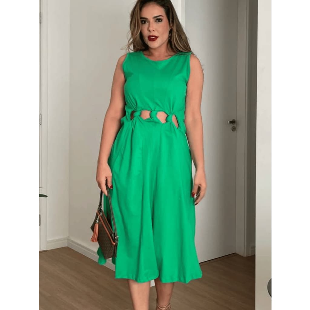 VESTDIDO FEMININO MIDI EVASE RECORTE NOZINHO ALGODAO CASUAL MODERNO