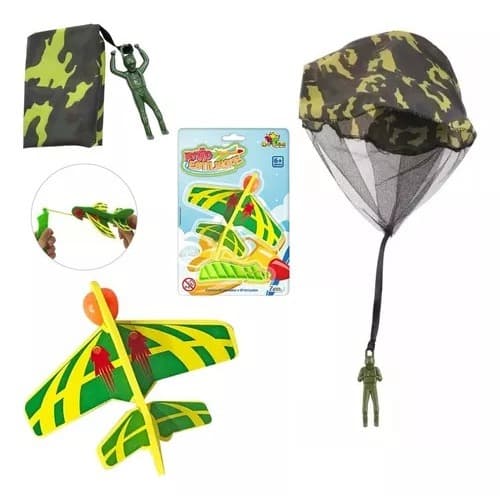 Kit Brinquedo Avião Estilingue e Soldadinho Paraquedas