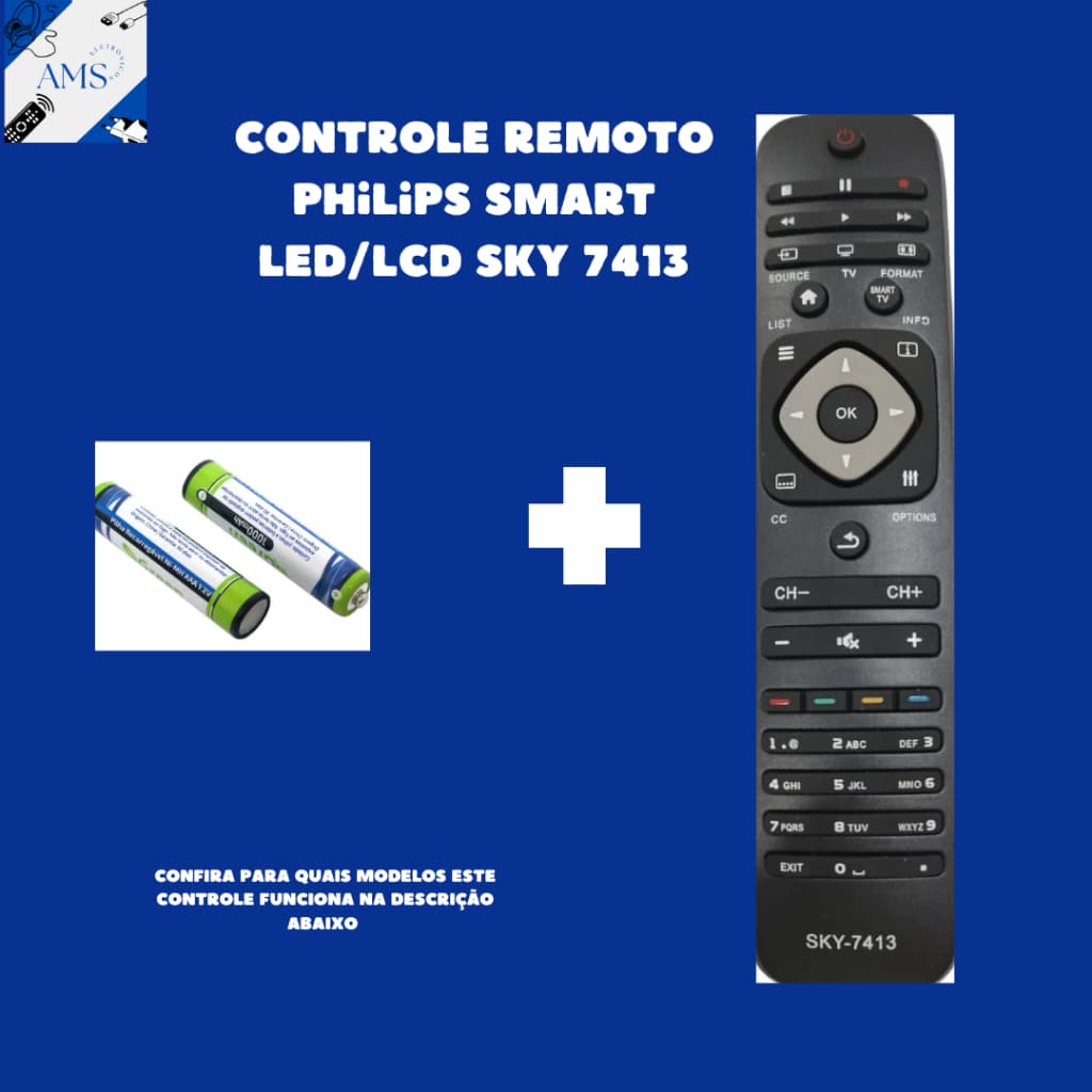 Controle Remoto Compatível com Tv Smart LCD LED Phili ps 7413 com pilhas