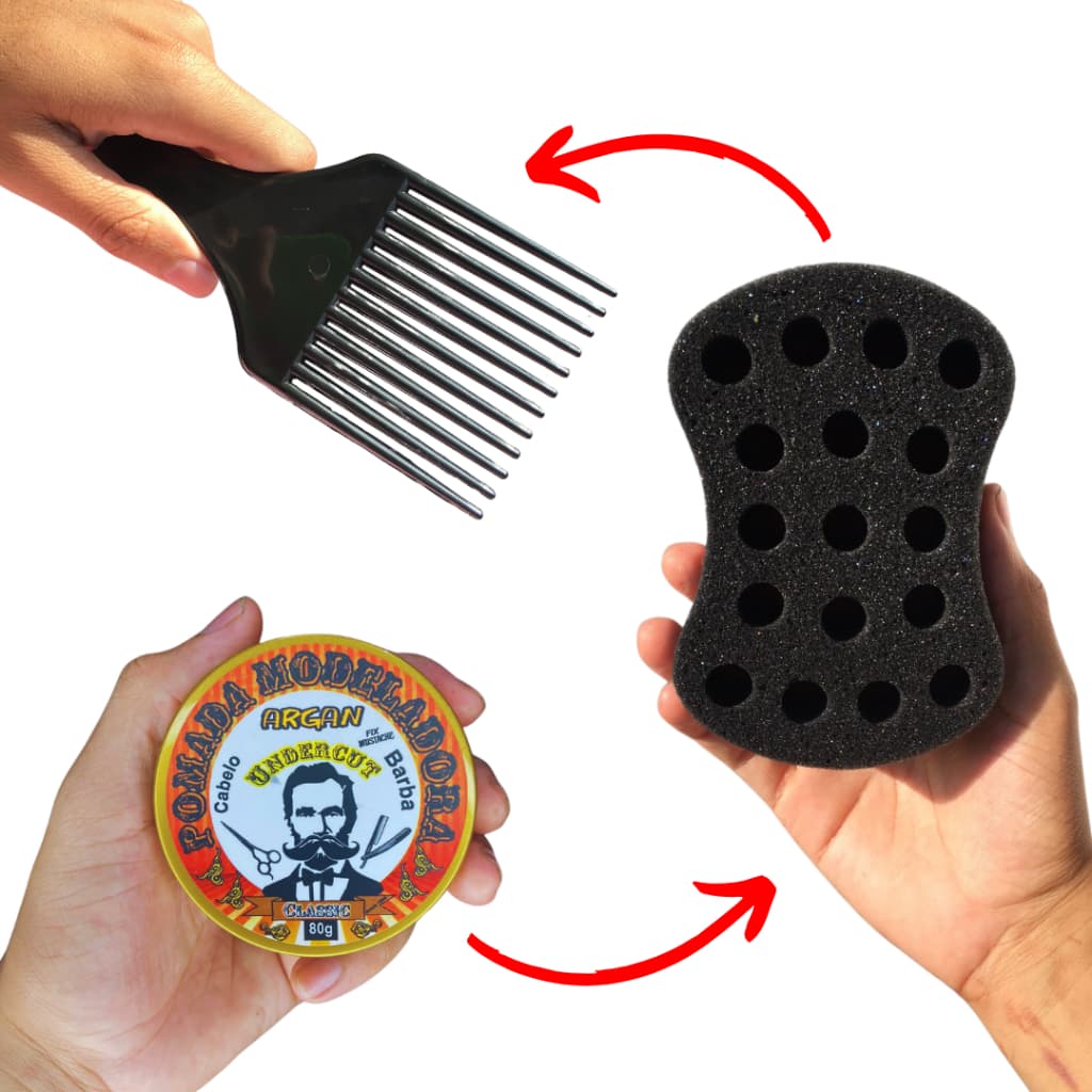 Kit 01 Mini esponja Nudread + 01 Cera + 01 Pente garfo plastico Bucha Enrola Cabelo esponja nudred.