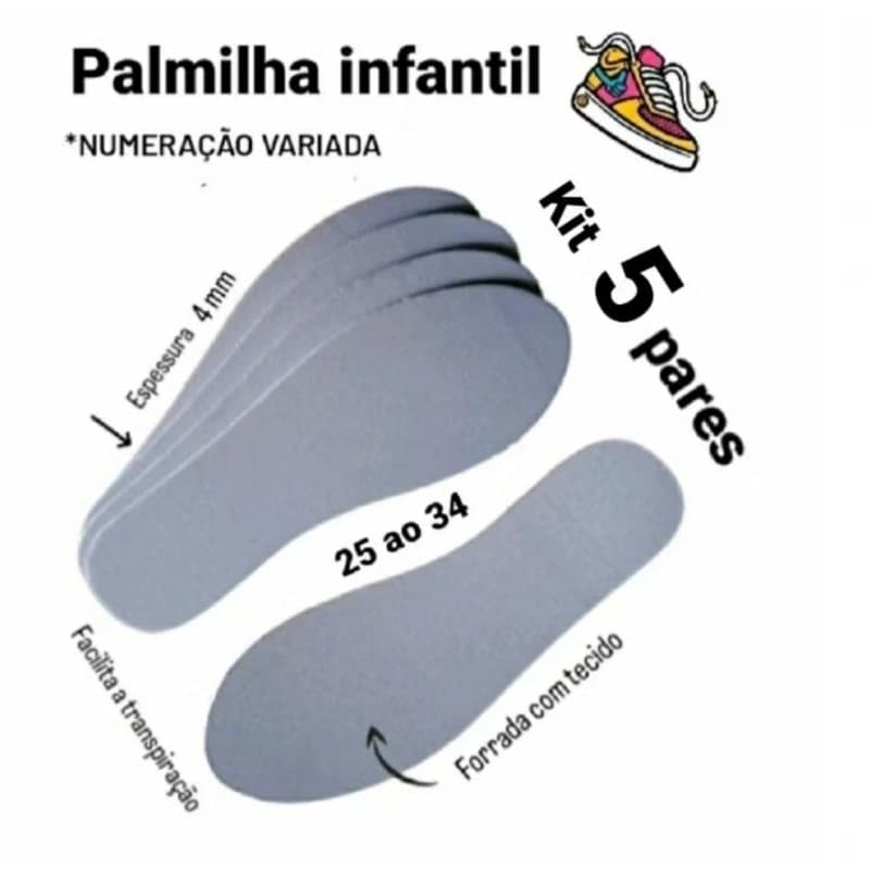 5 PARES DE PALMILHA INFANTIL, 25 AO 34, EVA 4 MM, MACIA,ANTIBACTERIANA PARA TÊNIS,SAPATO,BOTA,SAPATILHA,BARATO,PROMOÇÃO
