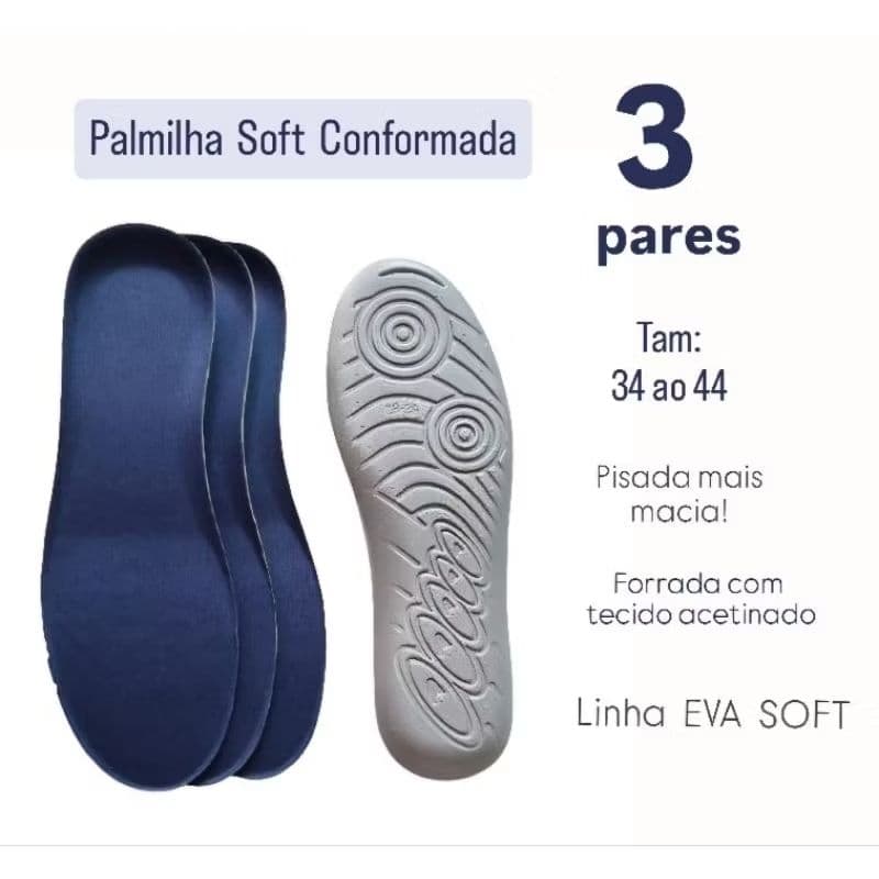 KIT 3 PARES PALMILHA SOFT CONFORMADA MACIA P/ TÊNIS,SAPATO,BOTA,ORIGINAL,ANTIBACTERIANA,ANATOM/CALC.