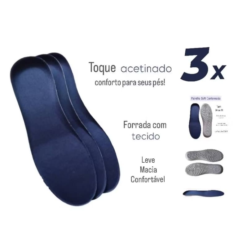 KIT 3 PARES PALMILHA SOFT CONFORMADA MACIA P/ TÊNIS,SAPATO,BOTA,ORIGINAL,ANTIBACTERIANA,ANATOM/CALC.