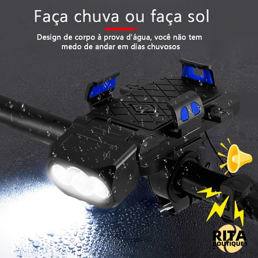 Kit Lanterna Bike Recarregável Com Buzina E Suporte Para Celular Multifuncional 4 Em 1 À Prova D'Água