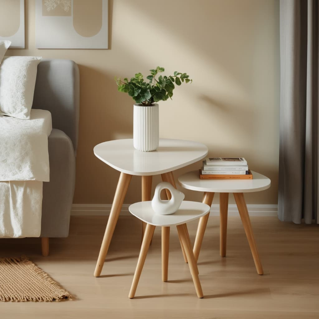 Trio de Mesinhas Laterais Sala Pé Palito Retro Decorativa Tampo Orgânico Casa