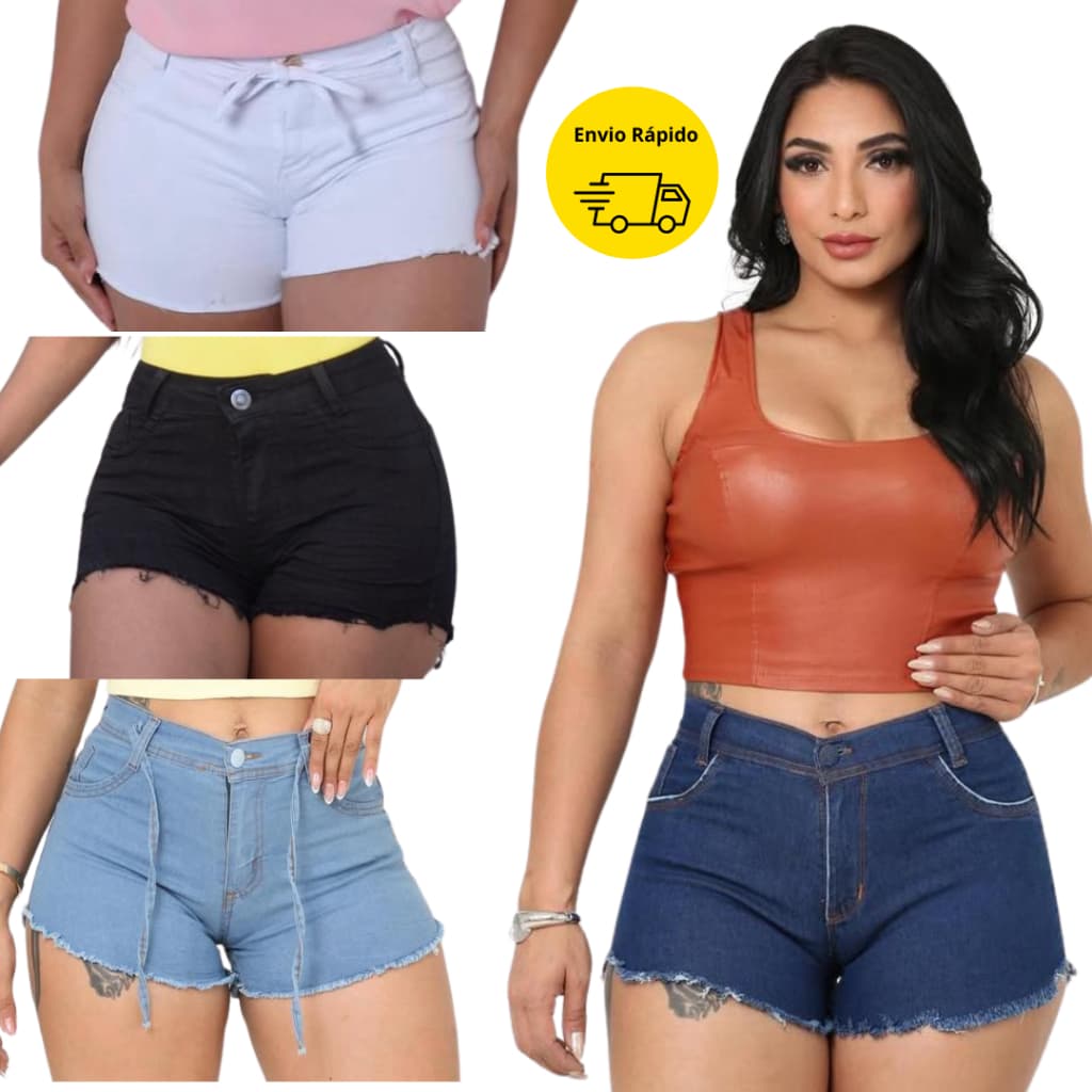 Shorts Jeans Feminino Desfiado Básico Cintura Alta Curto Destroyed