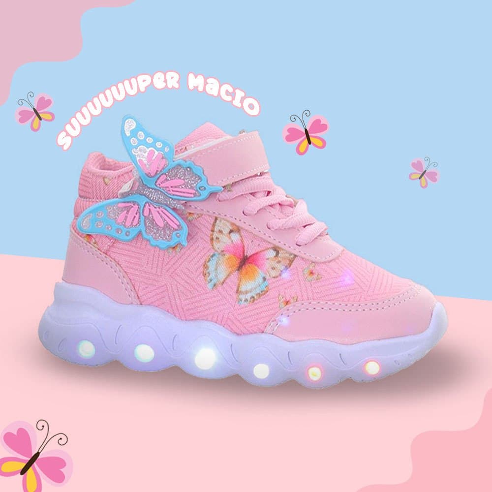 Tenis Botinha Infantil Borboleta Rosa Meninas com Luz Led