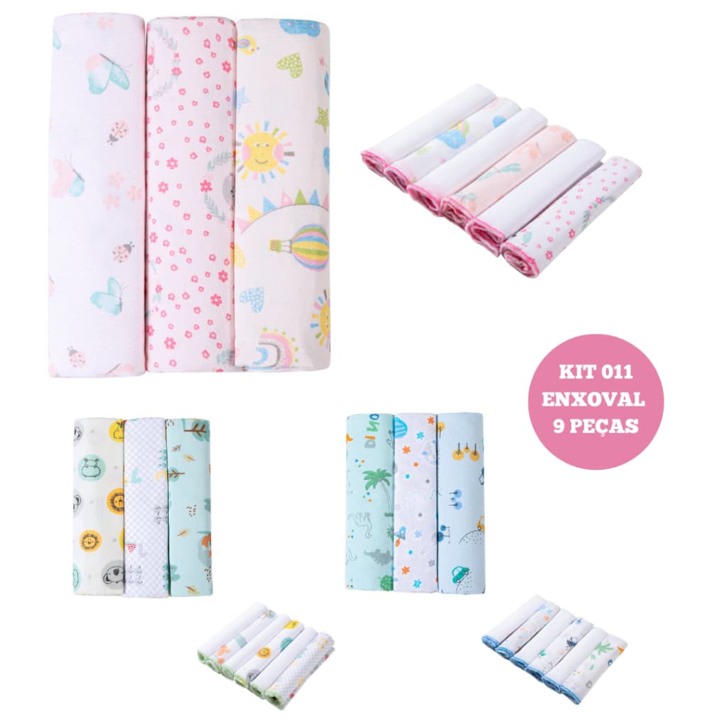 KIT ENXOVAL 9 PEÇAS PARA BEBE - 6 UN PANINHOS/BABETES DE BOCA +  3UN DE CUEIROS FLANELADOS PAPI