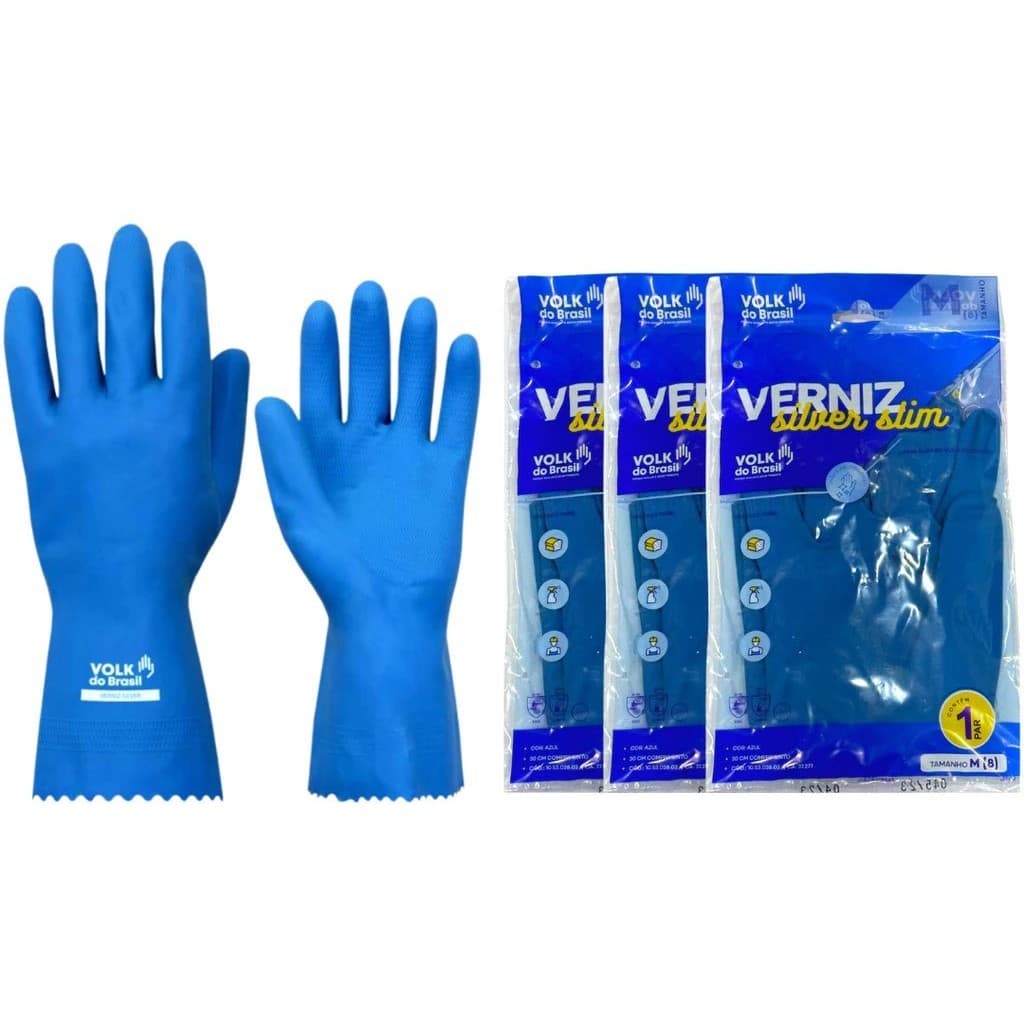 Kit Luva de Látex Natural Volk Silver Slim | Azul Antialérgica | Proteção para Limpeza e Uso Doméstico | EPI Multiuso