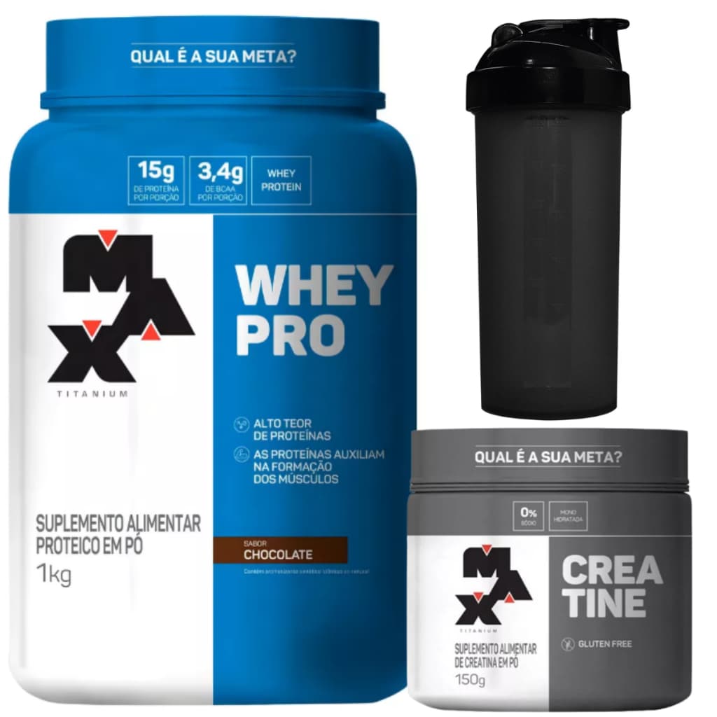 Combo Whey Protein 1kg E Creatina 150g + Coqueteleira - Max Titanium Suplementos