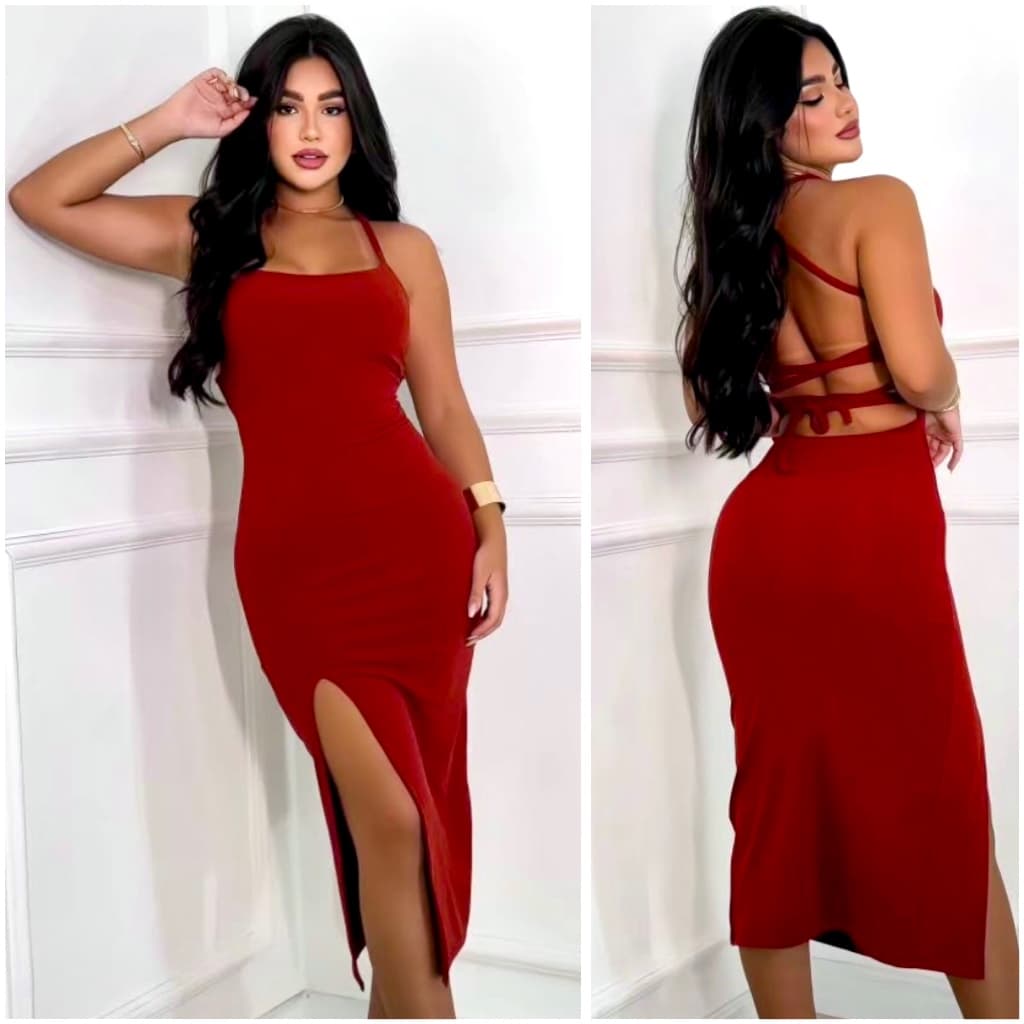 Vestido Feminino Midi Tubinho com Amarração nas Costas e Fenda Lateral Moda Gringa Moda Feminina