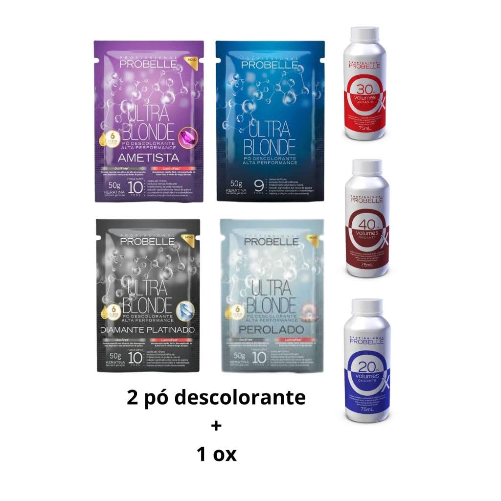 Kit C/ 2 Pó descolorante 50g + 1 água oxigenada 10,20, 30 e 40 75ml ESCOLHA SEU KIT Probelle