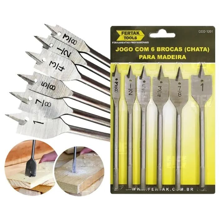 Jogo De Brocas Chatas Para Madeira Kit Com 6 Peças - Fertak 1201