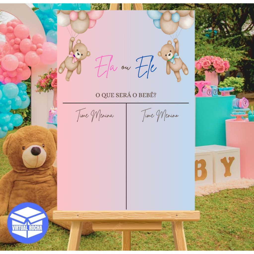 Quadro Decorativo Chá Revelação Rosa e Azul Ursos Ele ou Ela