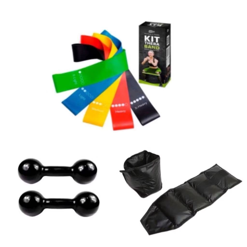 Kit Treino Completo Par Peso Halter 1 Kg+ Par Caneleira 1 Kg + Kit Theraband