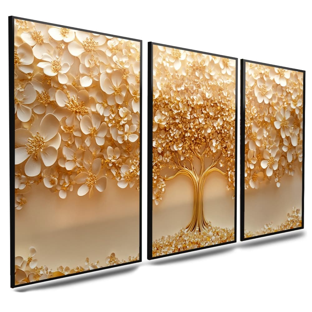 Quadro decorativo arvore da vida dourado Kit com 3 Peças mdf quarto sala escritório modelo moderno