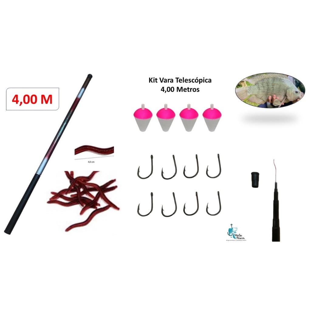 kit vara Telescópica Lisa 4 Metros 40% Carbono Tilápia Piau e Lambari Cmik
