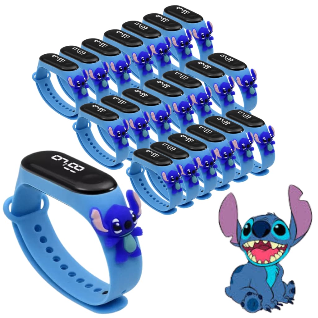 Kit 20 Relógio Digital Led Infantil A Prova D'água Stitch Azul Menina e Menino Criança