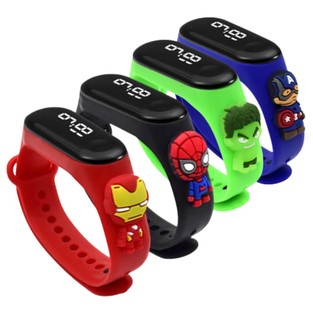 Kit Relógio Infantil Digital Led Touch Super Heróis Infantil Menino Criança Aventureira diversão