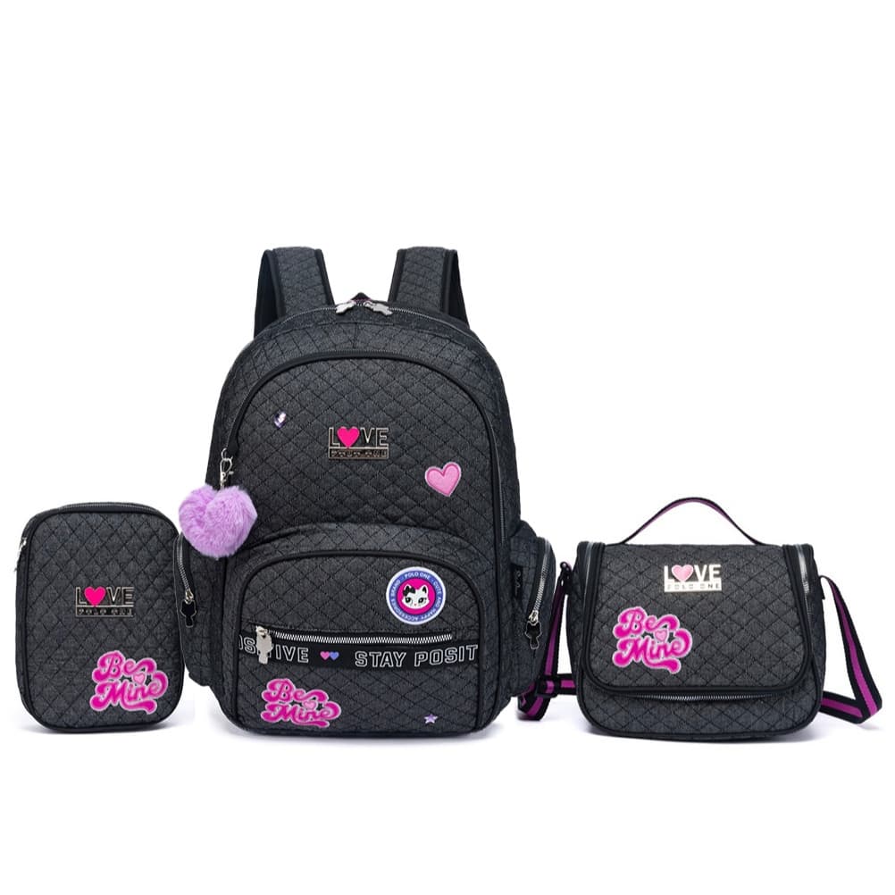 Kit Mochila Escolar Feminina Jeans Brilho Lancheira Térmica Estojo