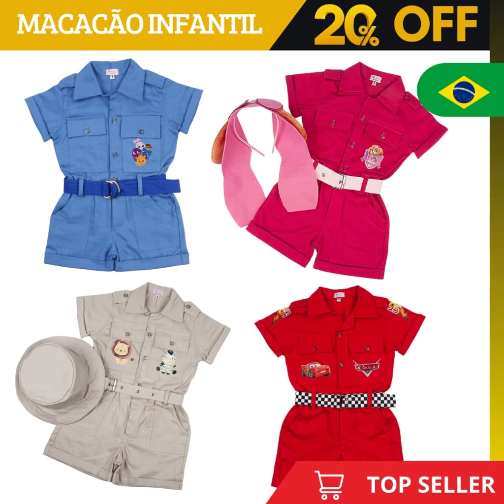 Macacão Infantil Personagens Skye, Carros, Safari, Bolofofos Confortável e Divertido