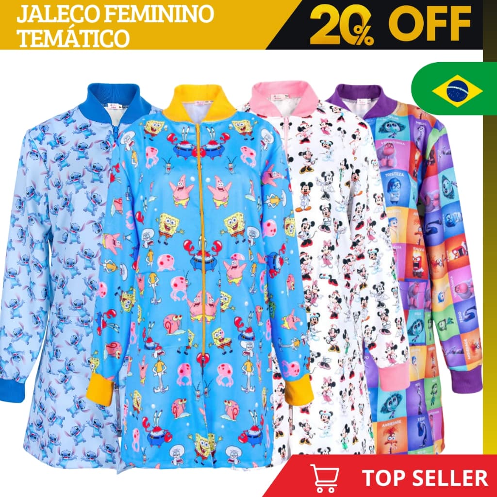 Jaleco Feminino Temático Bob Esponja, Stitch, Estilo e Conforto para Profissionais