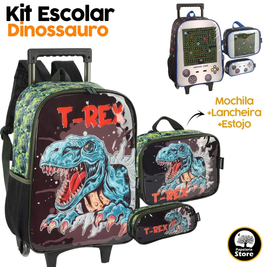 Kit Escolar Mochila de Rodinhas + Estojo + Lancheira Dino Dinossauro T-Rex Gaming Zone